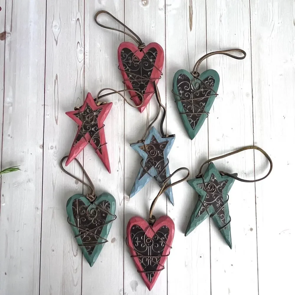 Rustic Western Wooden, Wire, Metal Leather Star & Hearts Ornaments & Tree Topper